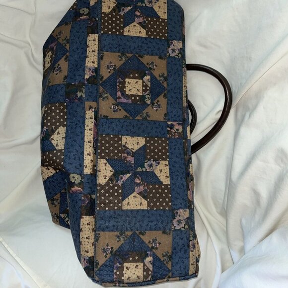 Vintage Gitano Patcheork Canvas Duffle Bag Weekender Tote Blue Brown - Picture 8 of 9